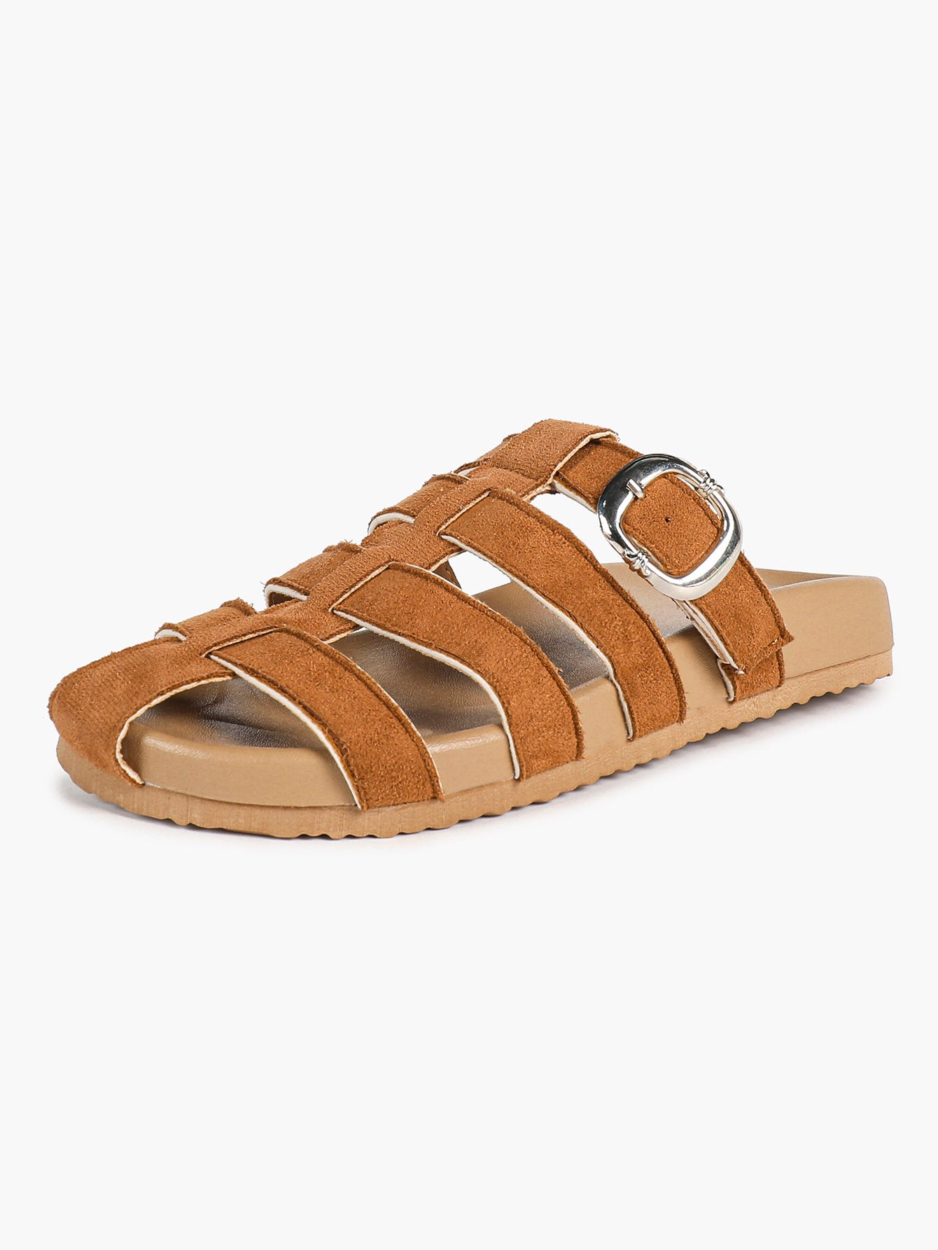 Camel Suede Woven Cage Slides with Silver-Tone Side Buckle
