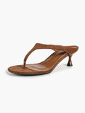 Women's Brown Suede T-Strap Thong Sandals Kitten Heels Slip-On Mules with Soft Insole