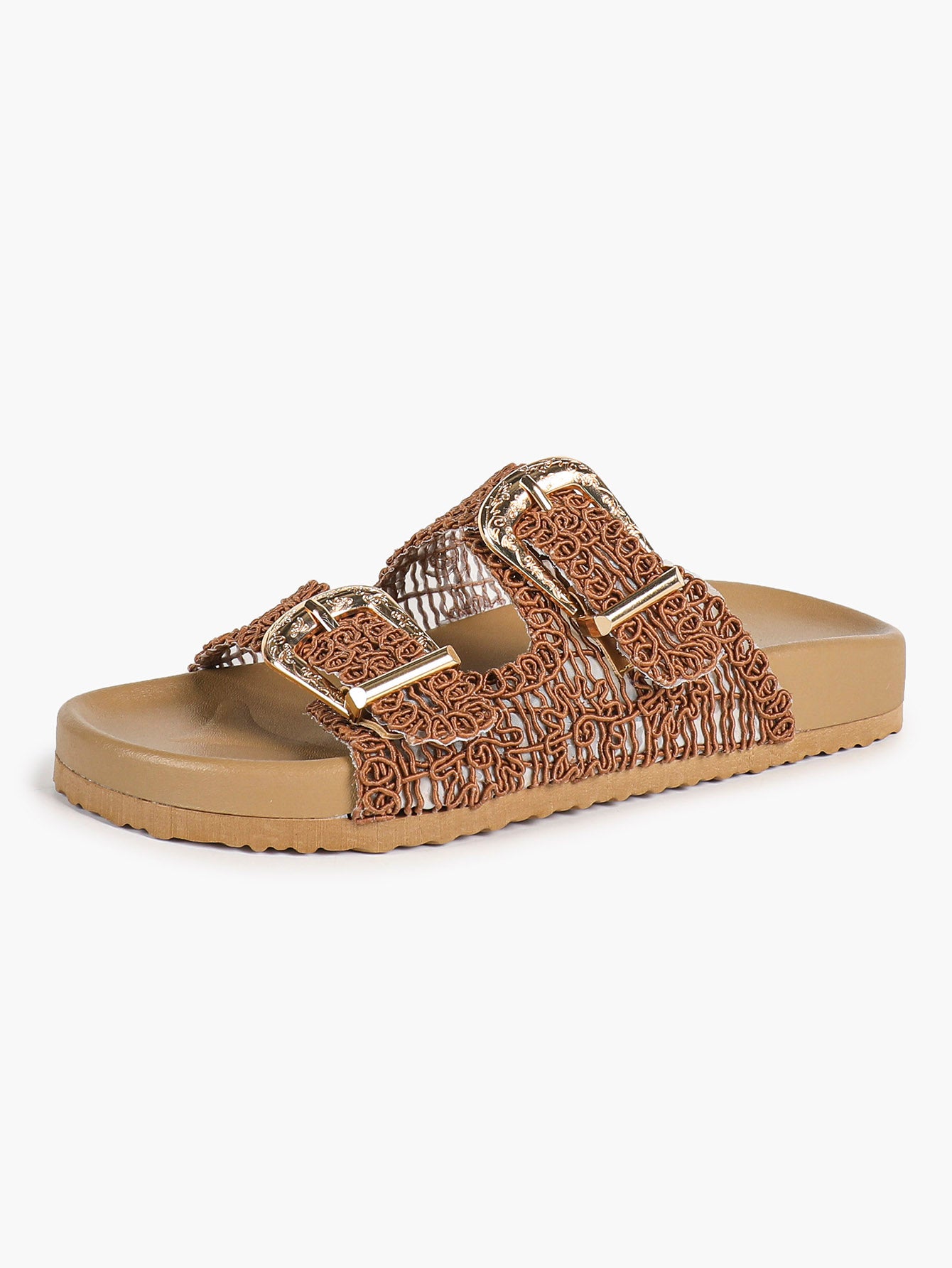 Tan Woven Double-Strap Slide Sandals with Gold Buckles for Boho Summer Days