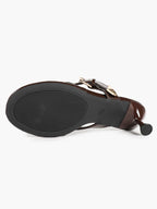 Women's Dark Brown Patent Leather T-Strap Thong Mule Sandals Buckle Detail Kitten Heels Slip-On with Soft Insole