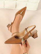 Caramel Patent Pointed-Toe Slingback Pumps with Split-Strap Detail and Block Heel