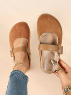 Black Suede Mary Jane Mule with Gold-Tone Buckle and Cushioned Sole
