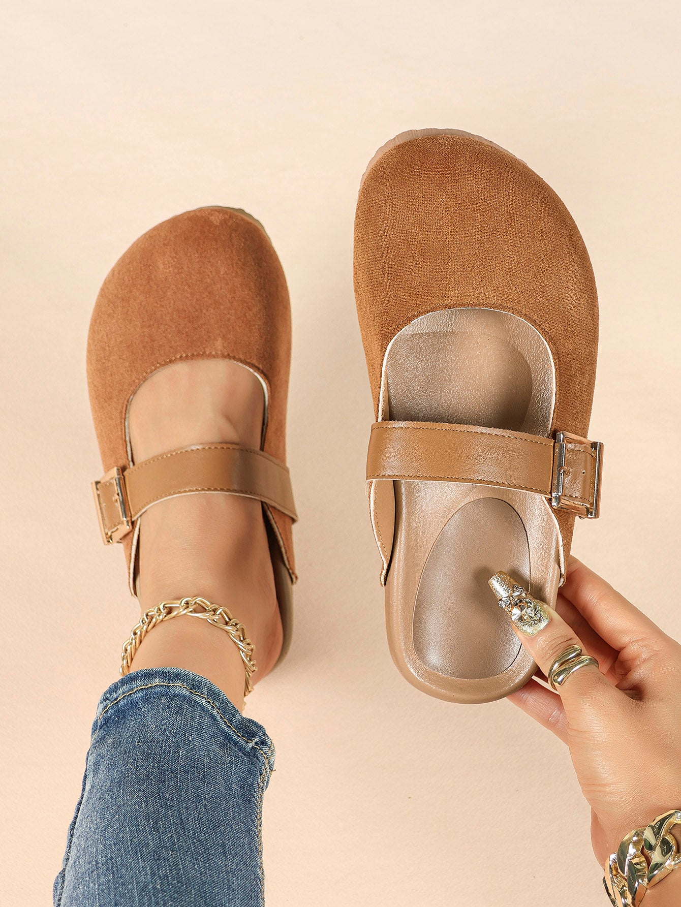 Black Suede Mary Jane Mule with Gold-Tone Buckle and Cushioned Sole