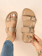 Black Patent Croc-Embossed Double Buckle Slide Sandals