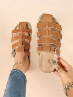 Camel Suede Woven Cage Slides with Silver-Tone Side Buckle