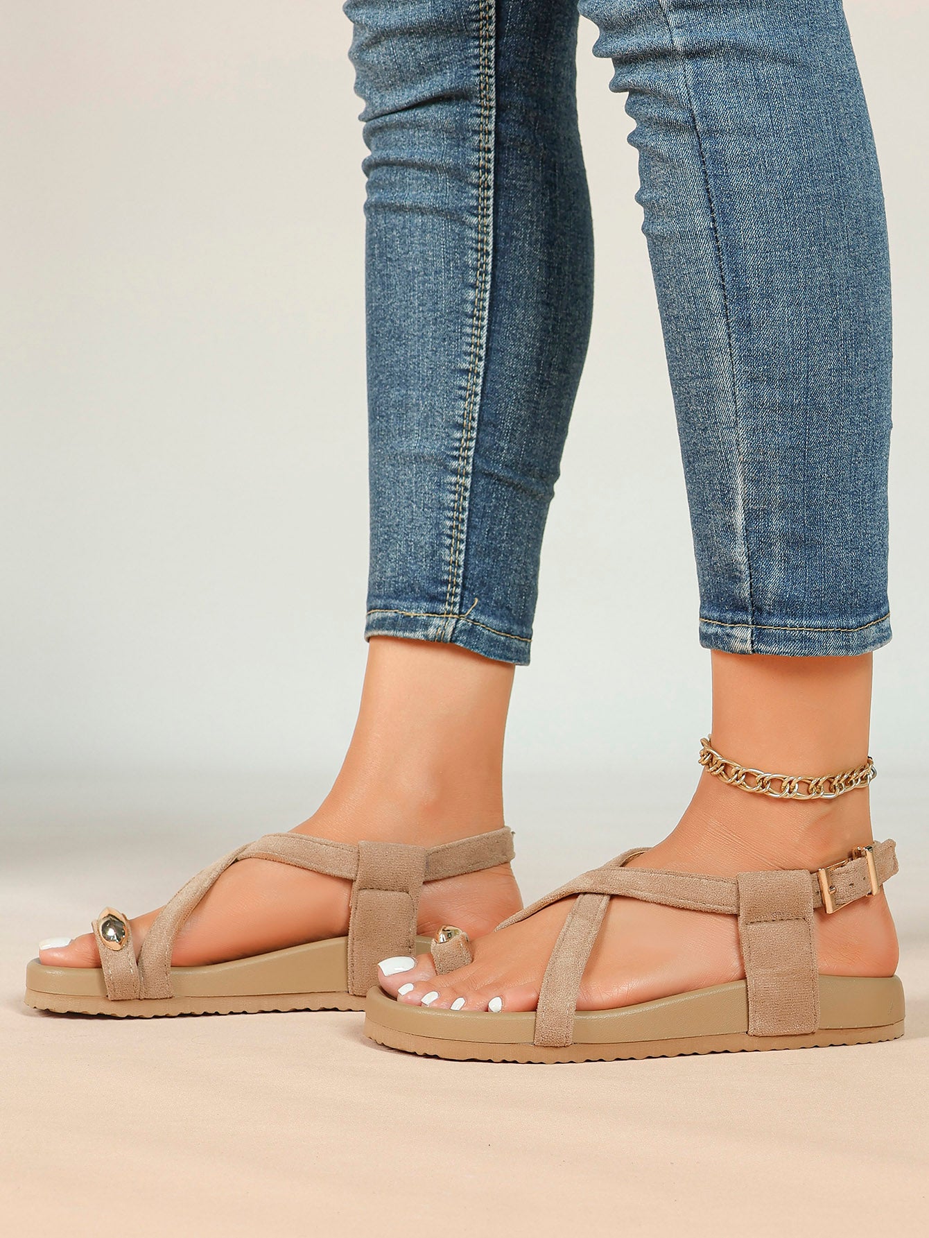 Olive Suede Crisscross Strap Sandals with Gold-Tone Hardware