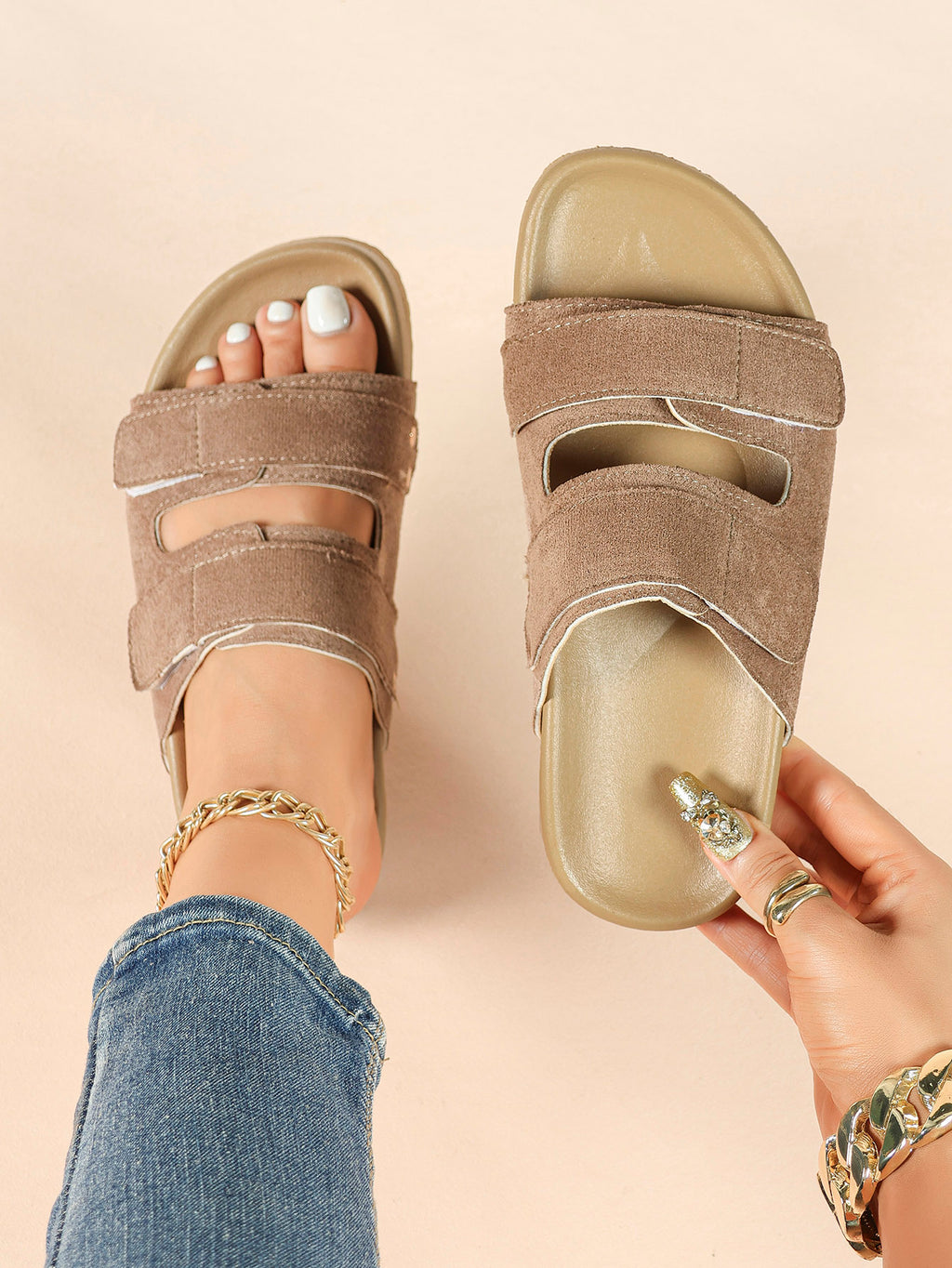 Black Suede Double-Strap Velcro Slide Sandals with Cushioned Footbed