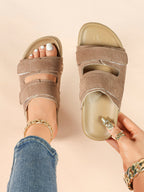 Black Suede Double-Strap Velcro Slide Sandals with Cushioned Footbed
