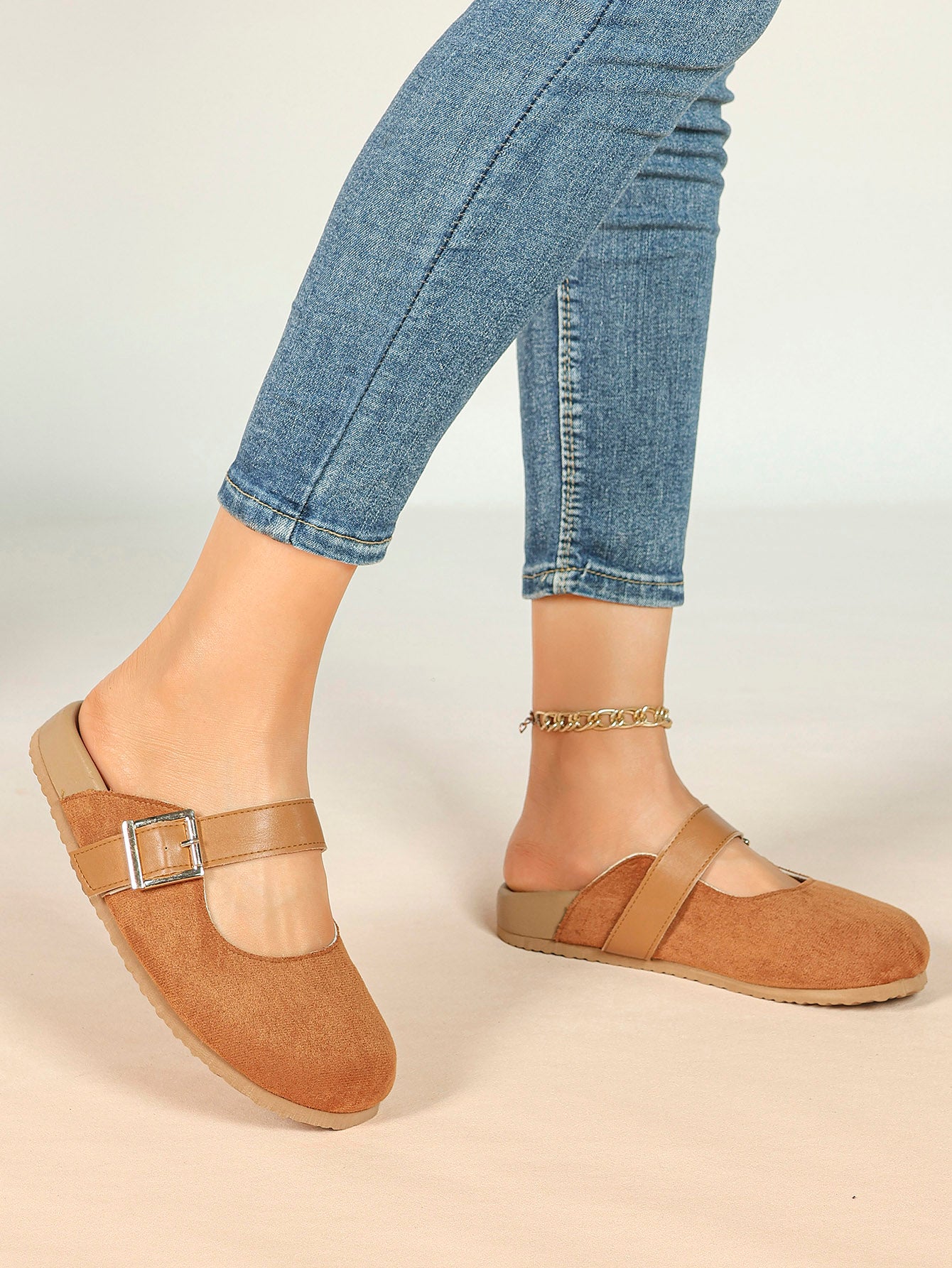 Black Suede Mary Jane Mule with Gold-Tone Buckle and Cushioned Sole