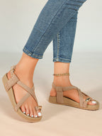 Olive Suede Crisscross Strap Sandals with Gold-Tone Hardware