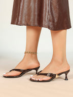 Women's Dark Brown Patent Leather T-Strap Thong Mule Sandals Buckle Detail Kitten Heels Slip-On with Soft Insole