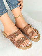 Tan Woven Double-Strap Slide Sandals with Gold Buckles for Boho Summer Days