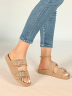 Camel Suede Double-Buckle Platform Slides with Textured Gold-Tone Hardware