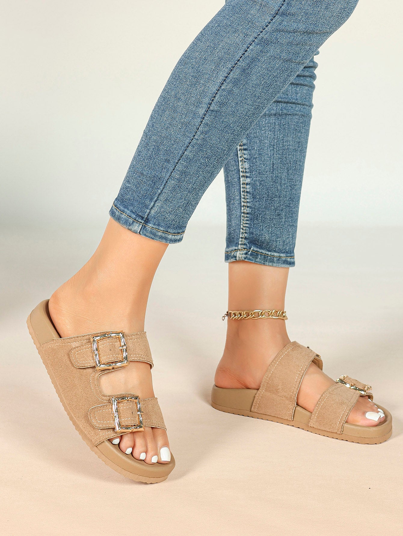 Camel Suede Double-Buckle Platform Slides with Textured Gold-Tone Hardware