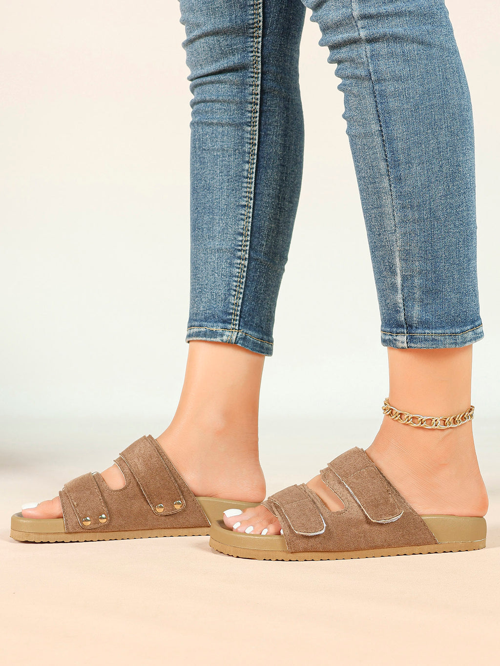Black Suede Double-Strap Velcro Slide Sandals with Cushioned Footbed
