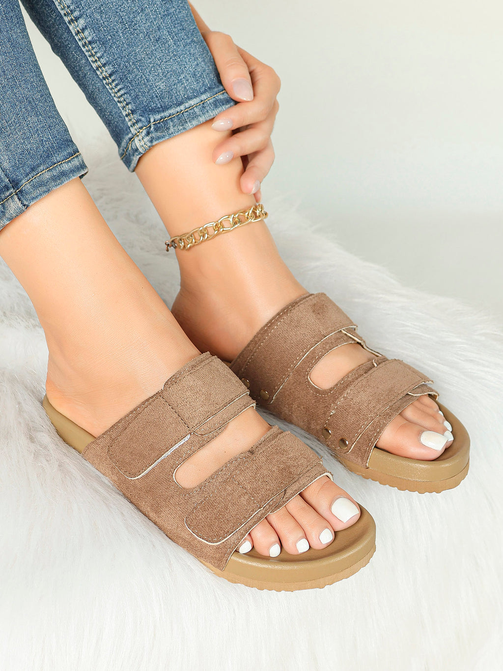 Black Suede Double-Strap Velcro Slide Sandals with Cushioned Footbed
