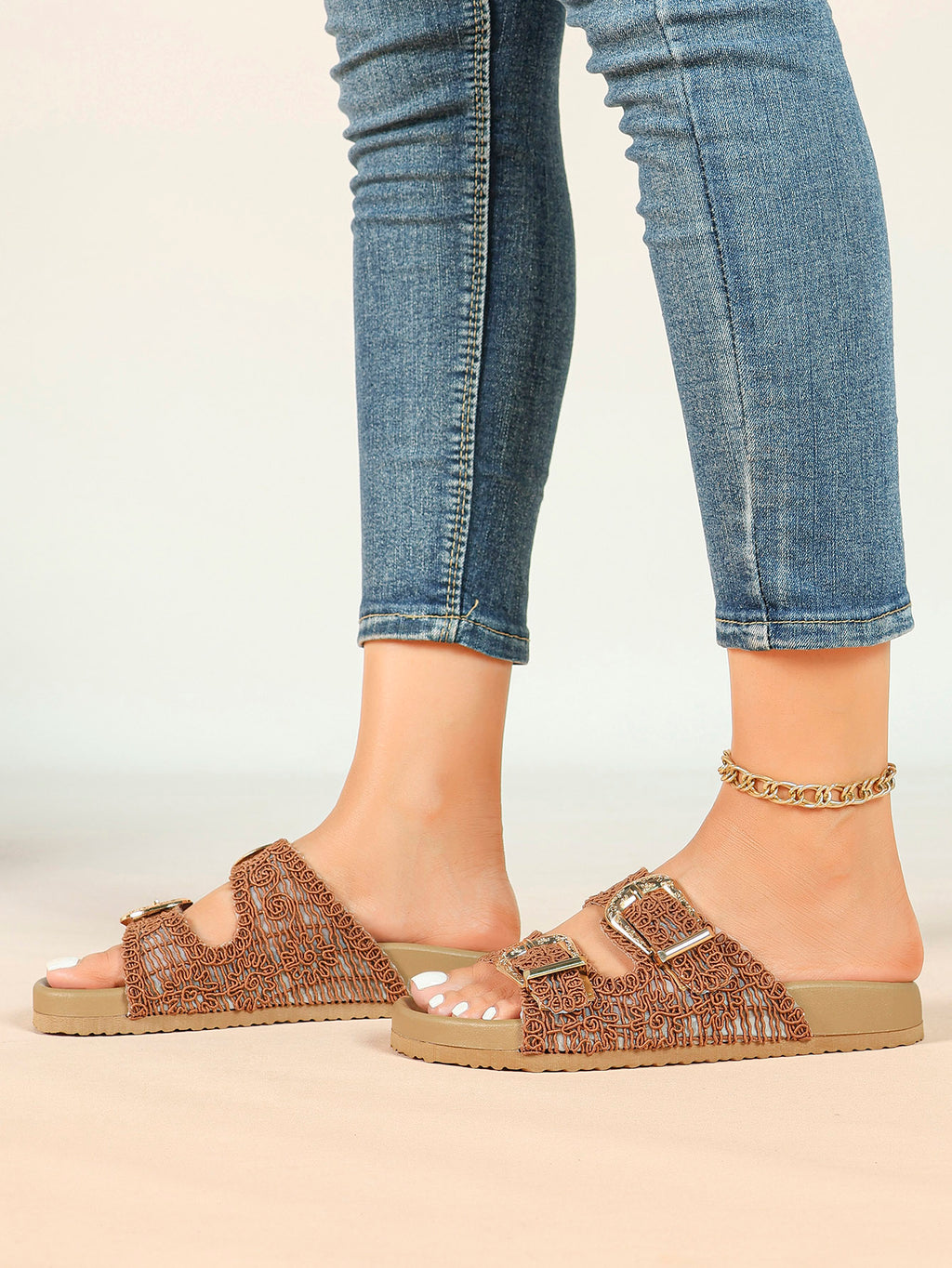Tan Woven Double-Strap Slide Sandals with Gold Buckles for Boho Summer Days