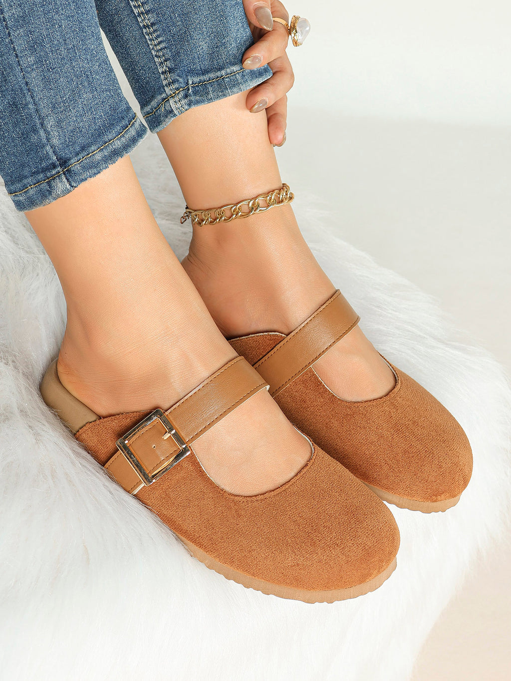 Black Suede Mary Jane Mule with Gold-Tone Buckle and Cushioned Sole