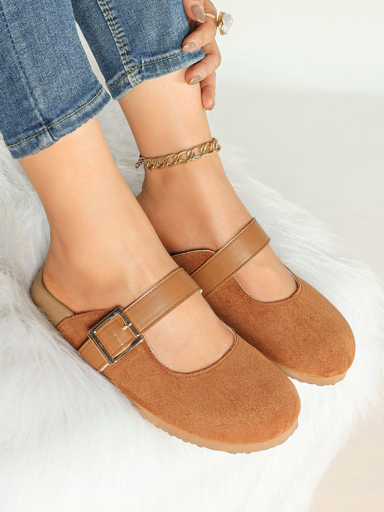 Black Suede Mary Jane Mule with Gold-Tone Buckle and Cushioned Sole