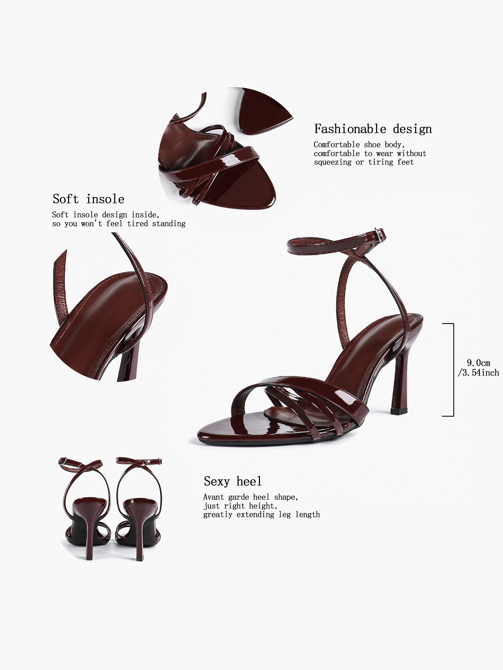 Women's Black Patent Leather Multi-Strap Ankle Strap Heeled Sandals - Summer Party Heels