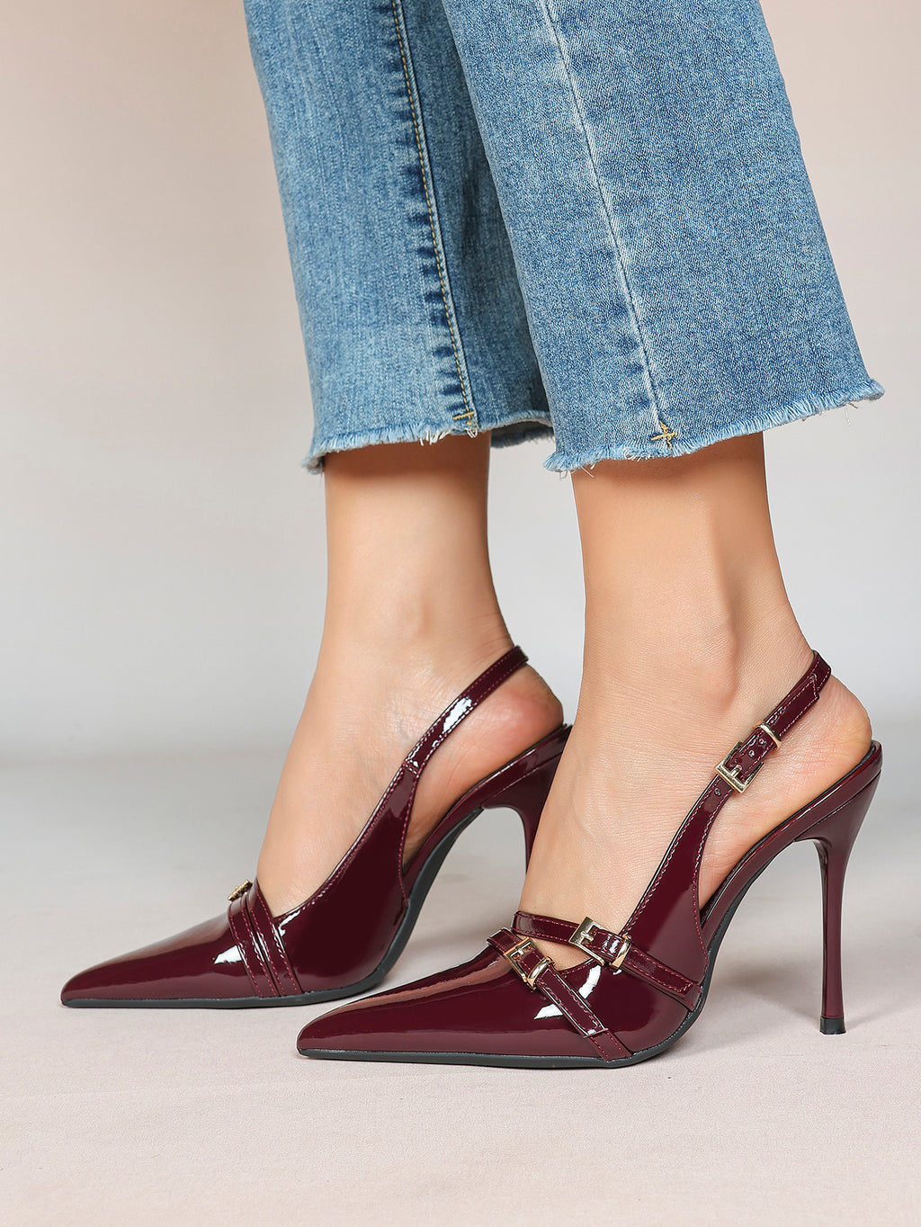 Leather Multi Buckle Slingback Pointed Toe Stiletto Heels-Elegant Dress Shoes