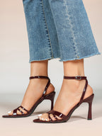 Women's Black Patent Leather Multi-Strap Ankle Strap Heeled Sandals - Summer Party Heels