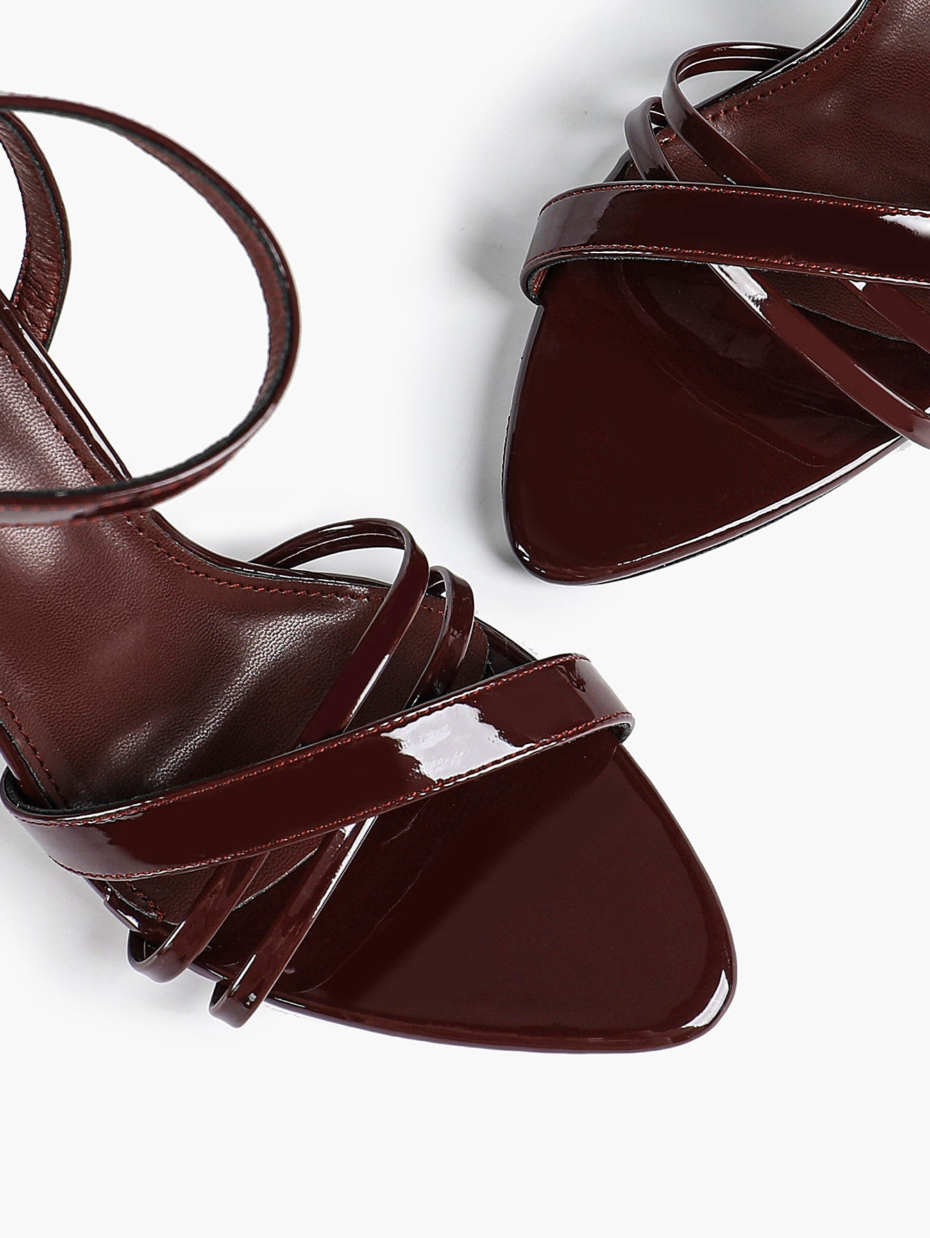 Women's Black Patent Leather Multi-Strap Ankle Strap Heeled Sandals - Summer Party Heels