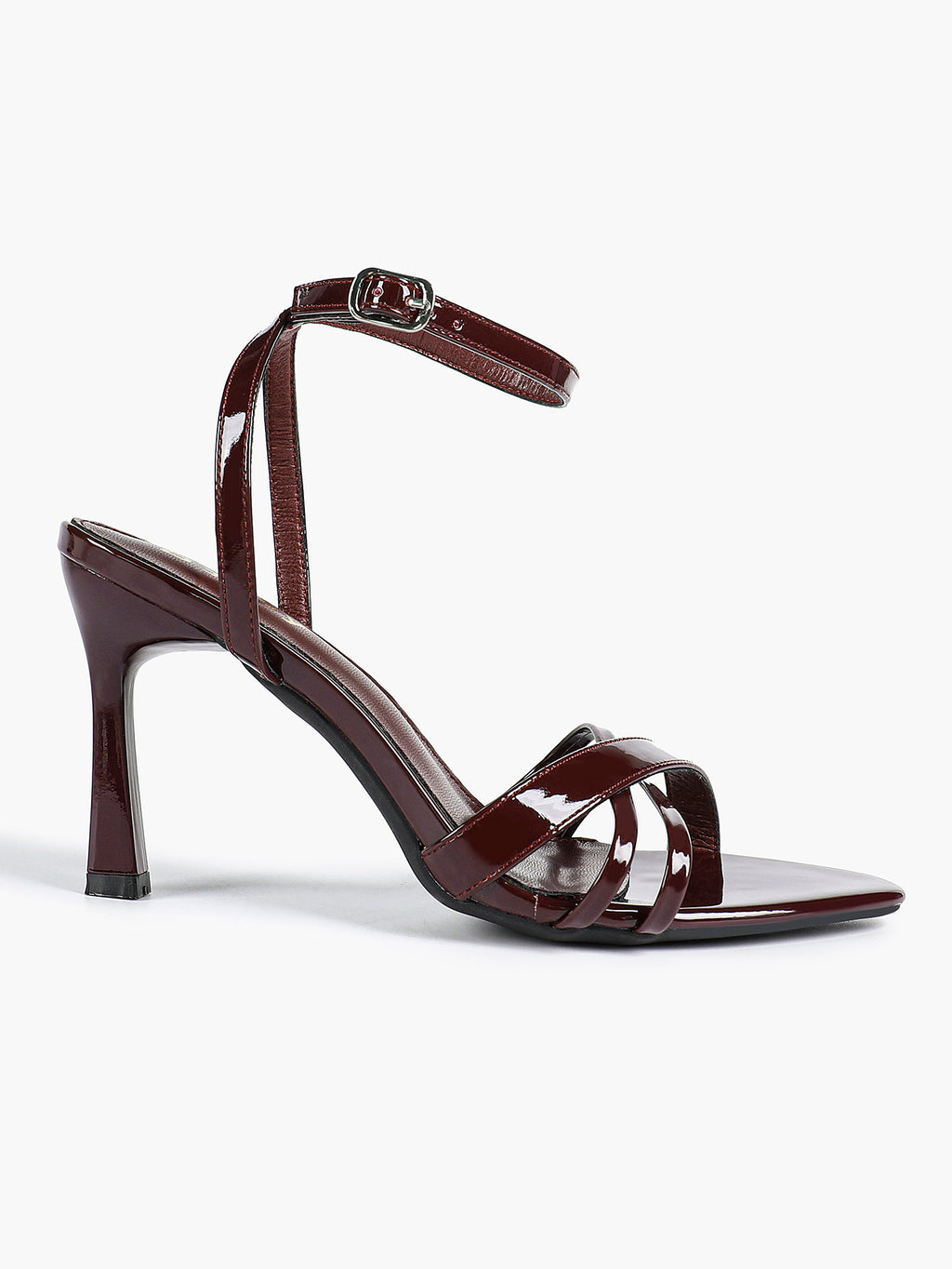 Women's Black Patent Leather Multi-Strap Ankle Strap Heeled Sandals - Summer Party Heels