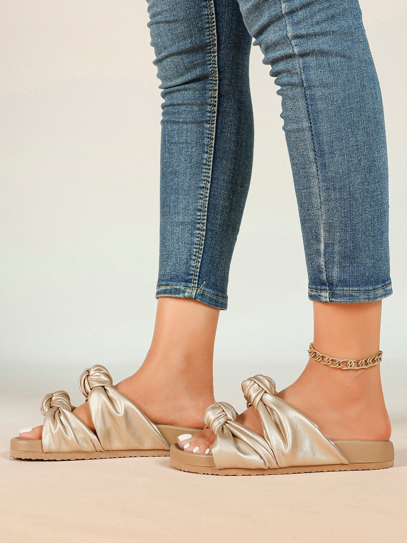 Champagne Gold Ruched Knot Slide Sandals for Effortless Everyday Chic