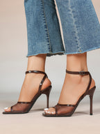 Mesh Panel Ankle Strap Heeled Sandals Square Toe Stiletto Pumps Wedding Party Office