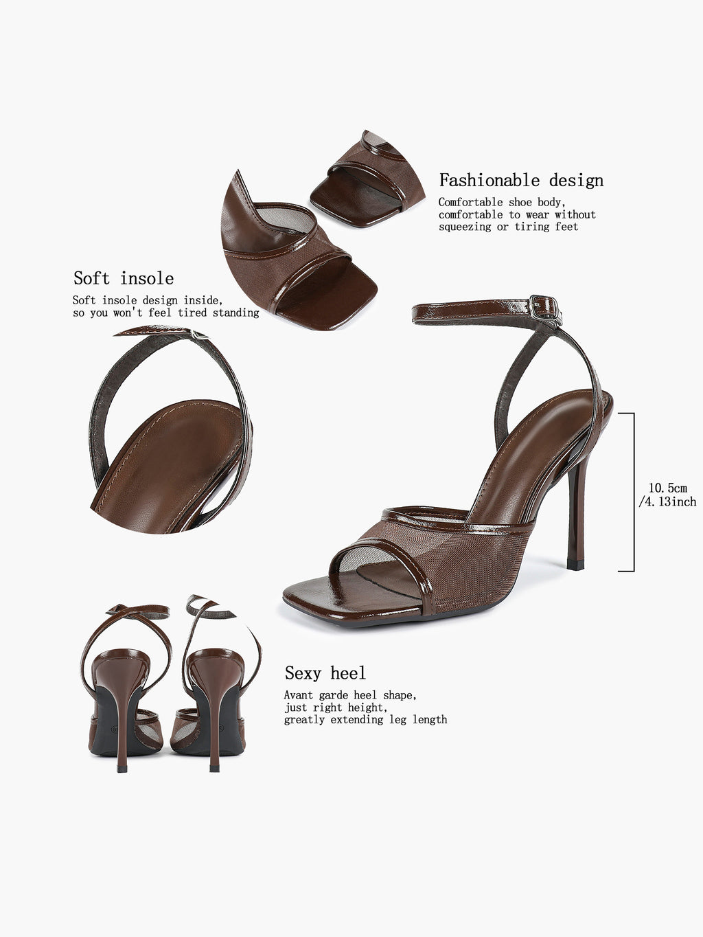 Mesh Panel Ankle Strap Heeled Sandals Square Toe Stiletto Pumps Wedding Party Office