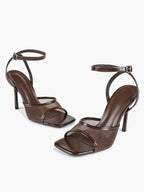 Mesh Panel Ankle Strap Heeled Sandals Square Toe Stiletto Pumps Wedding Party Office