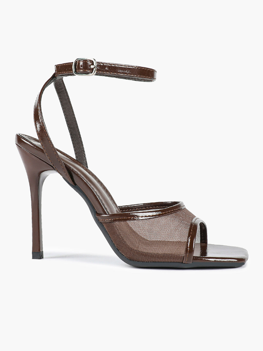 Mesh Panel Ankle Strap Heeled Sandals Square Toe Stiletto Pumps Wedding Party Office