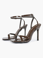 Black Patent Leather Ankle Strap Heeled Sandals Square Toe Stiletto Pumps