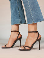 Black Patent Leather Ankle Strap Heeled Sandals Square Toe Stiletto Pumps