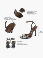 Black Patent Leather Ankle Strap Heeled Sandals Square Toe Stiletto Pumps