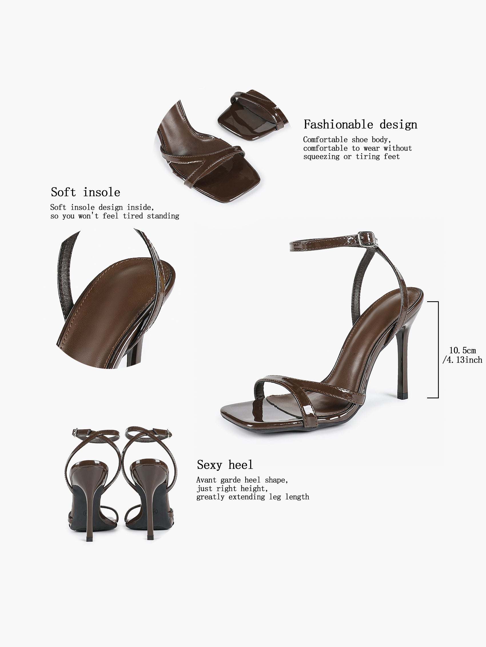 Black Patent Leather Ankle Strap Heeled Sandals Square Toe Stiletto Pumps