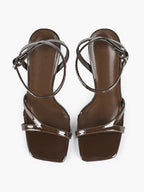Black Patent Leather Ankle Strap Heeled Sandals Square Toe Stiletto Pumps