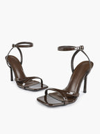 Black Patent Leather Ankle Strap Heeled Sandals Square Toe Stiletto Pumps