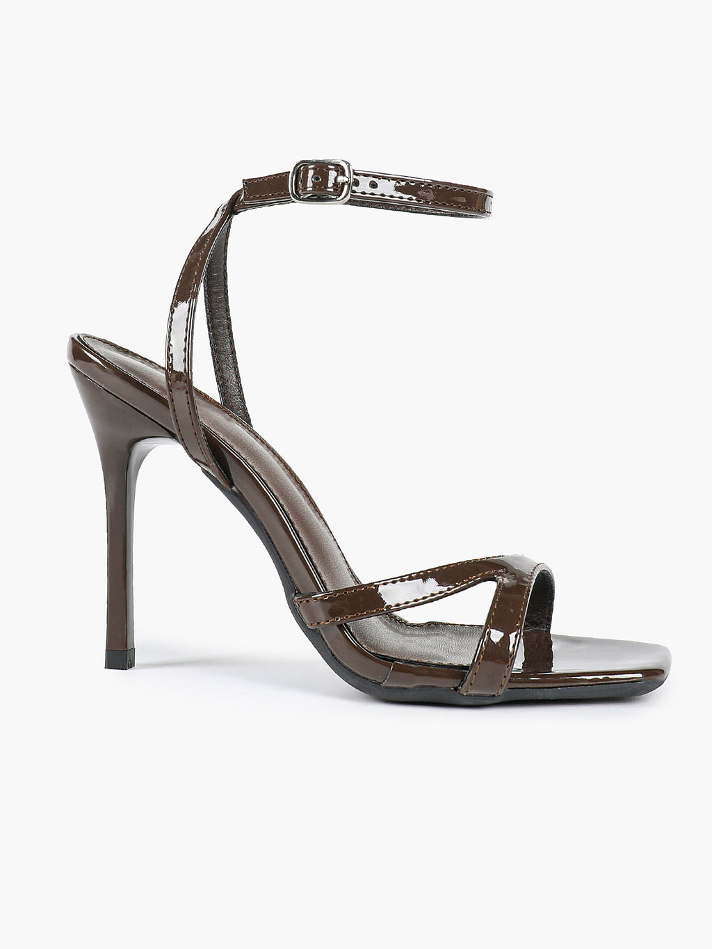 Black Patent Leather Ankle Strap Heeled Sandals Square Toe Stiletto Pumps