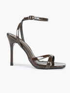 Black Patent Leather Ankle Strap Heeled Sandals Square Toe Stiletto Pumps