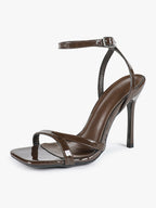 Black Patent Leather Ankle Strap Heeled Sandals Square Toe Stiletto Pumps
