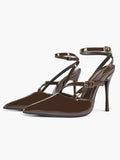 Brown Patent Leather Crisscross Ankle Strap Heels Retro Stilettos for Office, Party