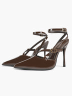 Brown Patent Leather Crisscross Ankle Strap Heels Retro Stilettos for Office, Party