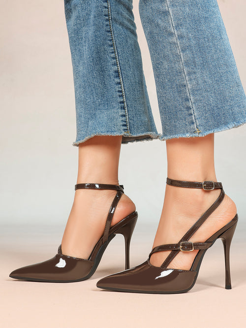 Brown Patent Leather Crisscross Ankle Strap Heels Retro Stilettos for Office, Party