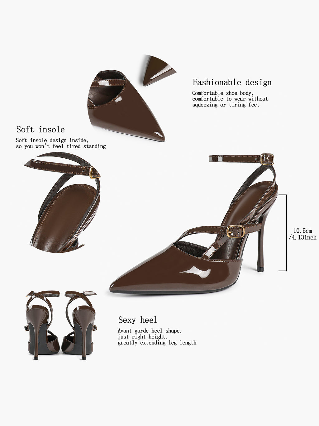Brown Patent Leather Crisscross Ankle Strap Heels Retro Stilettos for Office, Party