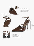 Brown Patent Leather Crisscross Ankle Strap Heels Retro Stilettos for Office, Party