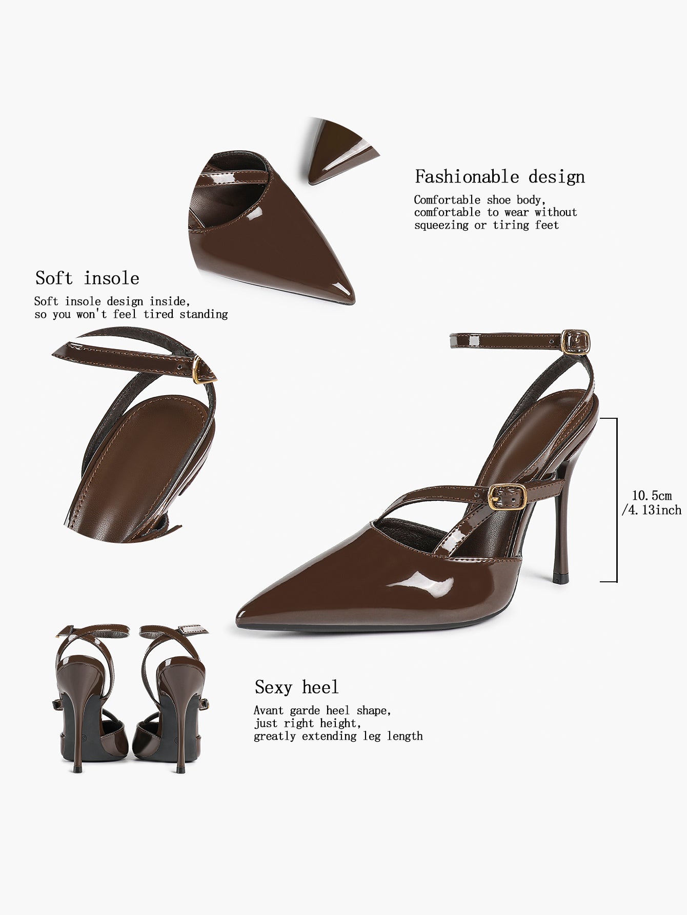 Brown Patent Leather Crisscross Ankle Strap Heels Retro Stilettos for Office, Party