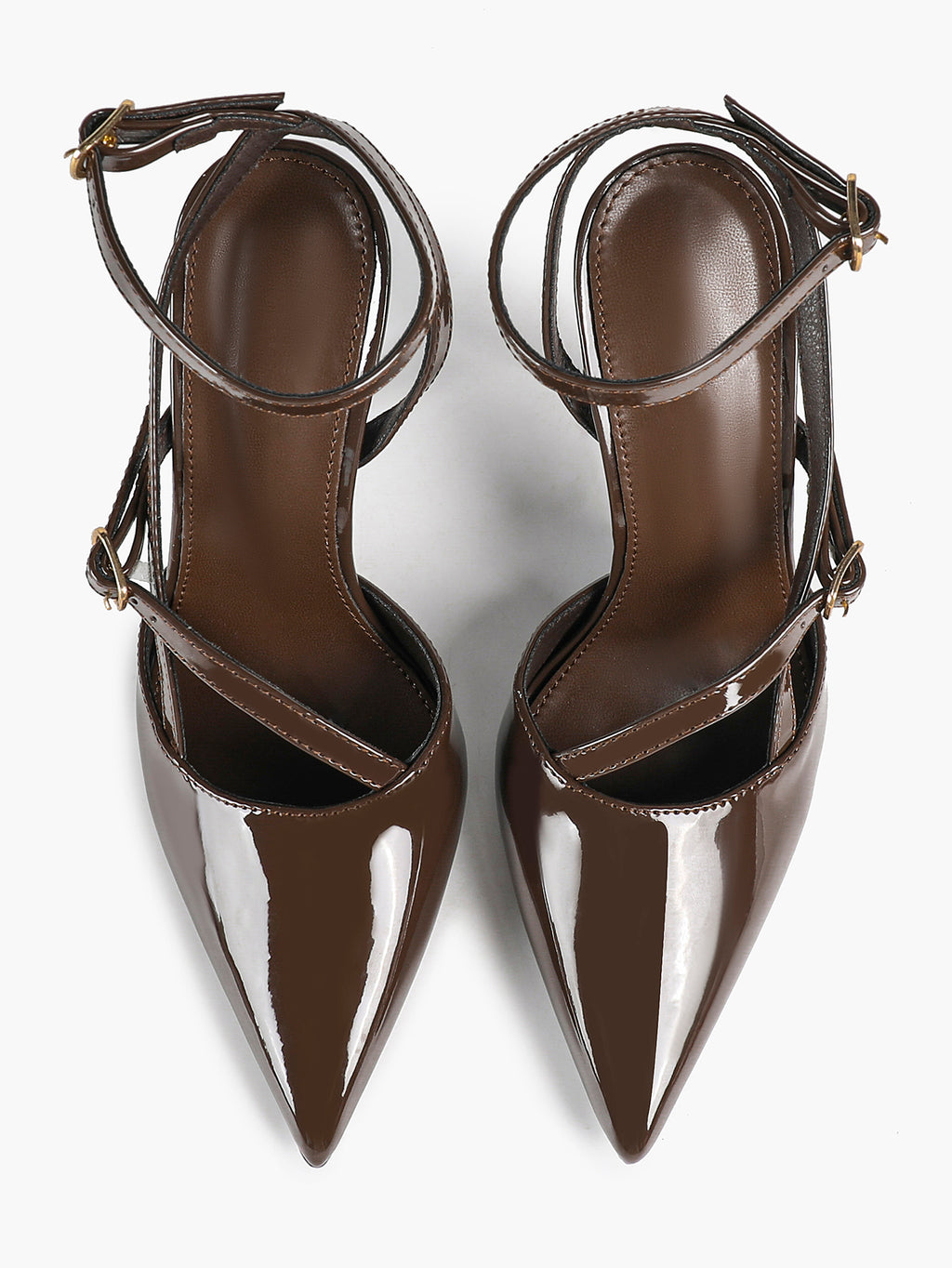 Brown Patent Leather Crisscross Ankle Strap Heels Retro Stilettos for Office, Party