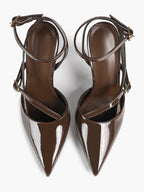 Brown Patent Leather Crisscross Ankle Strap Heels Retro Stilettos for Office, Party